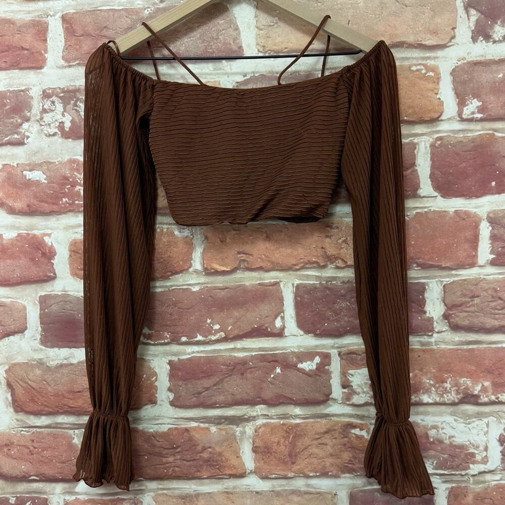 Zara Crop Top Shirt Women's Small Brown Boho Festival Romantic Pleated Button Up - Picture 3 of 7